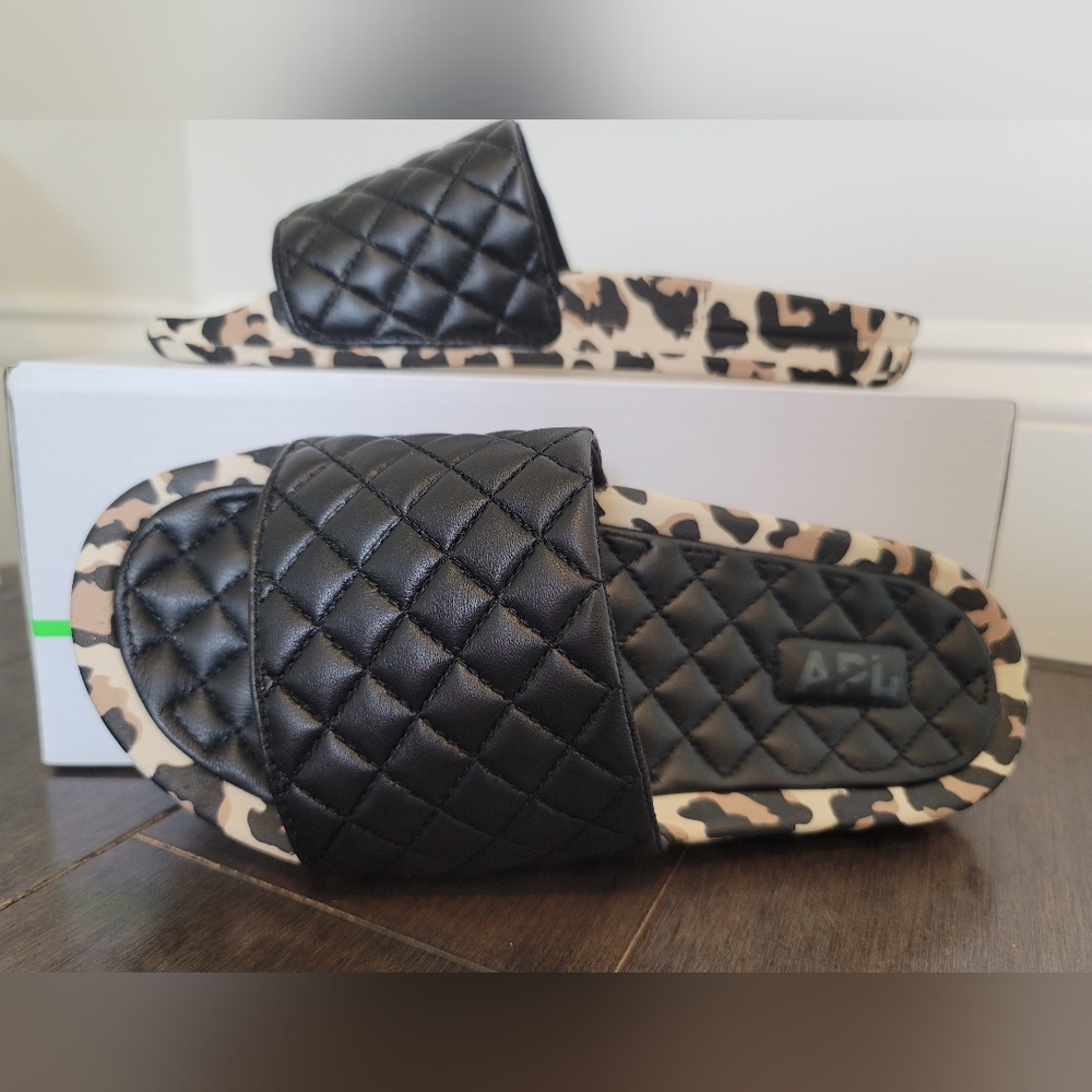 NIB APL Black Leather Quilted Sandals with Leopard Print, Women's Lusso Slide, 7 - Picture 2 of 5